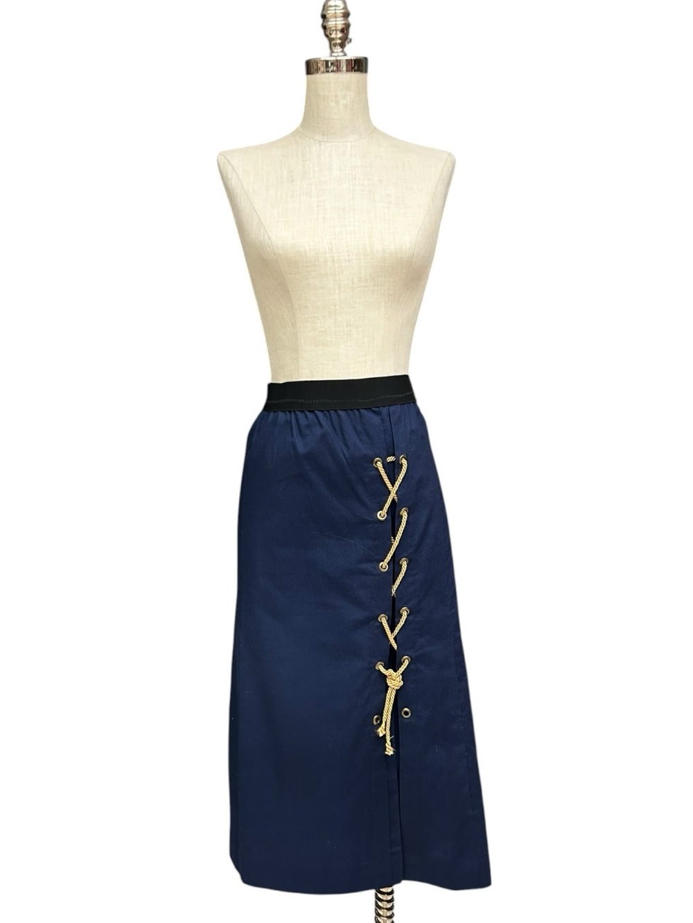 Navy Nautical Lace-Up Skirt Midi Pencil Skirt Slit Medium, Retro Pinup